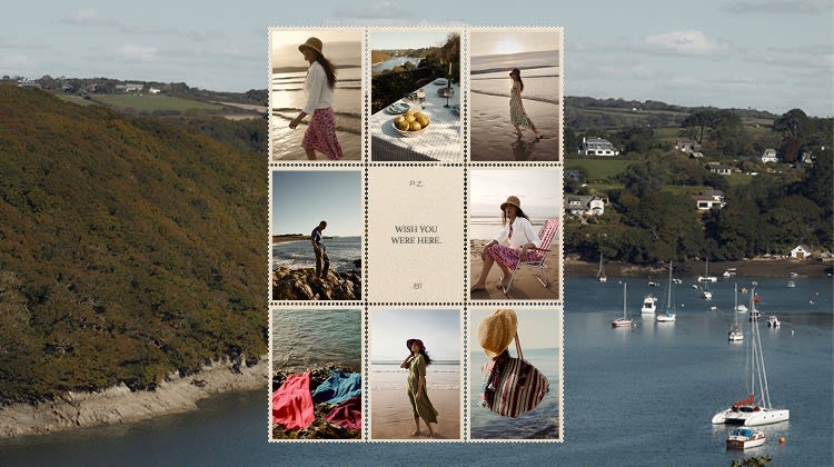 A grid of images in a postcard style. Each picture shows a woman wearing different outfits from her soft summer capsule wardrobe.