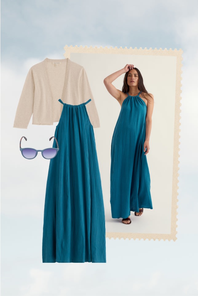 A woman wears a casual summer maxi dress in a vibrant sea blue.