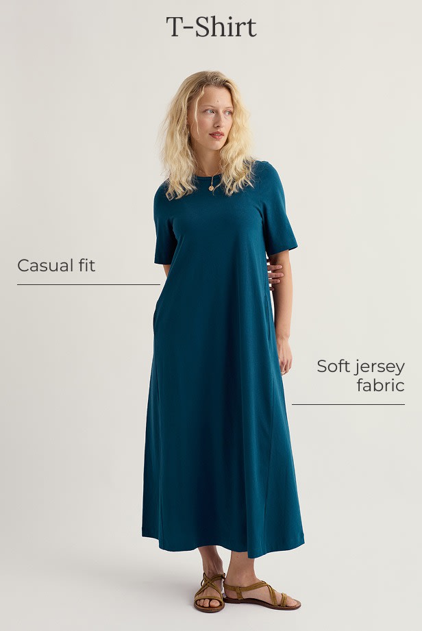 A model wears a maxi length navy blue t-shirt dress 