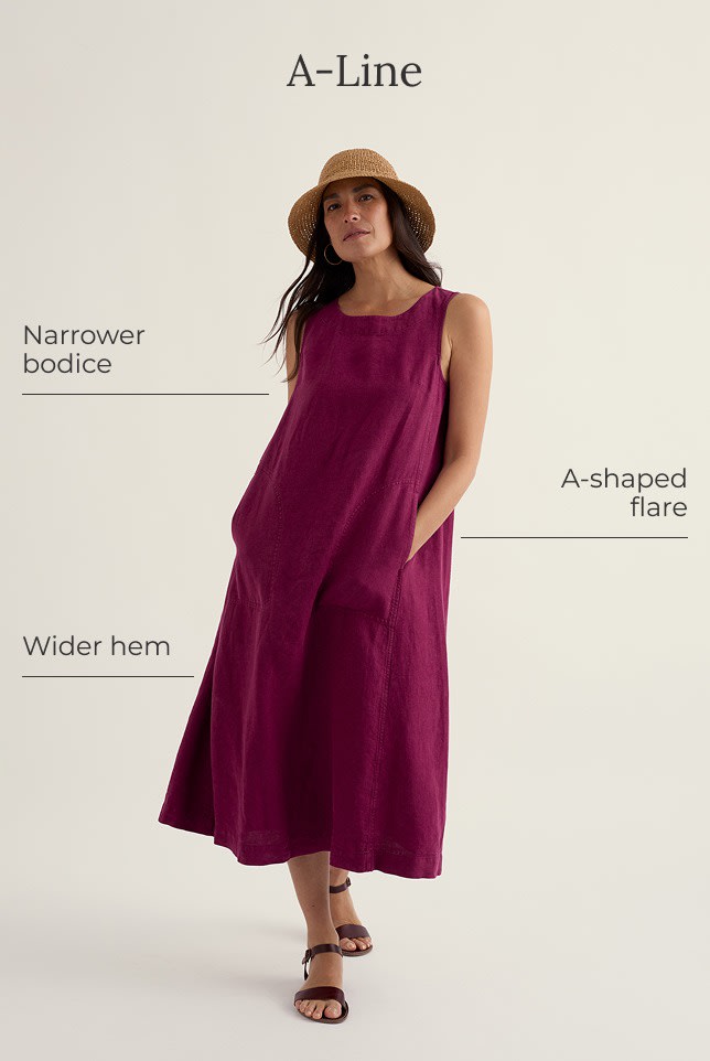 A model wears a dark pink A-line dress against a plain background