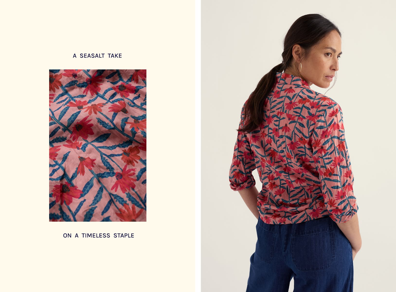 Two images of a Larissa Shirt in a pink floral print