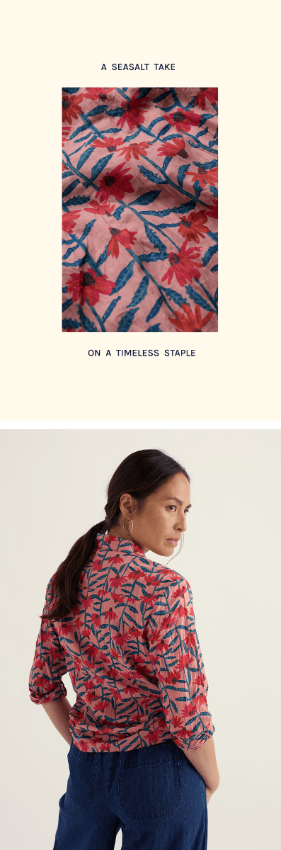 Two images of a Larissa Shirt in a pink floral print