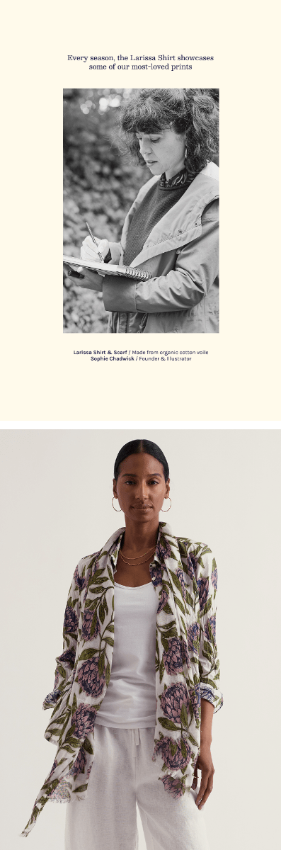A model wearing a floral Larissa Shirt. And a black and white photograph of Sophie Chadwick sketching her design for the shirt.