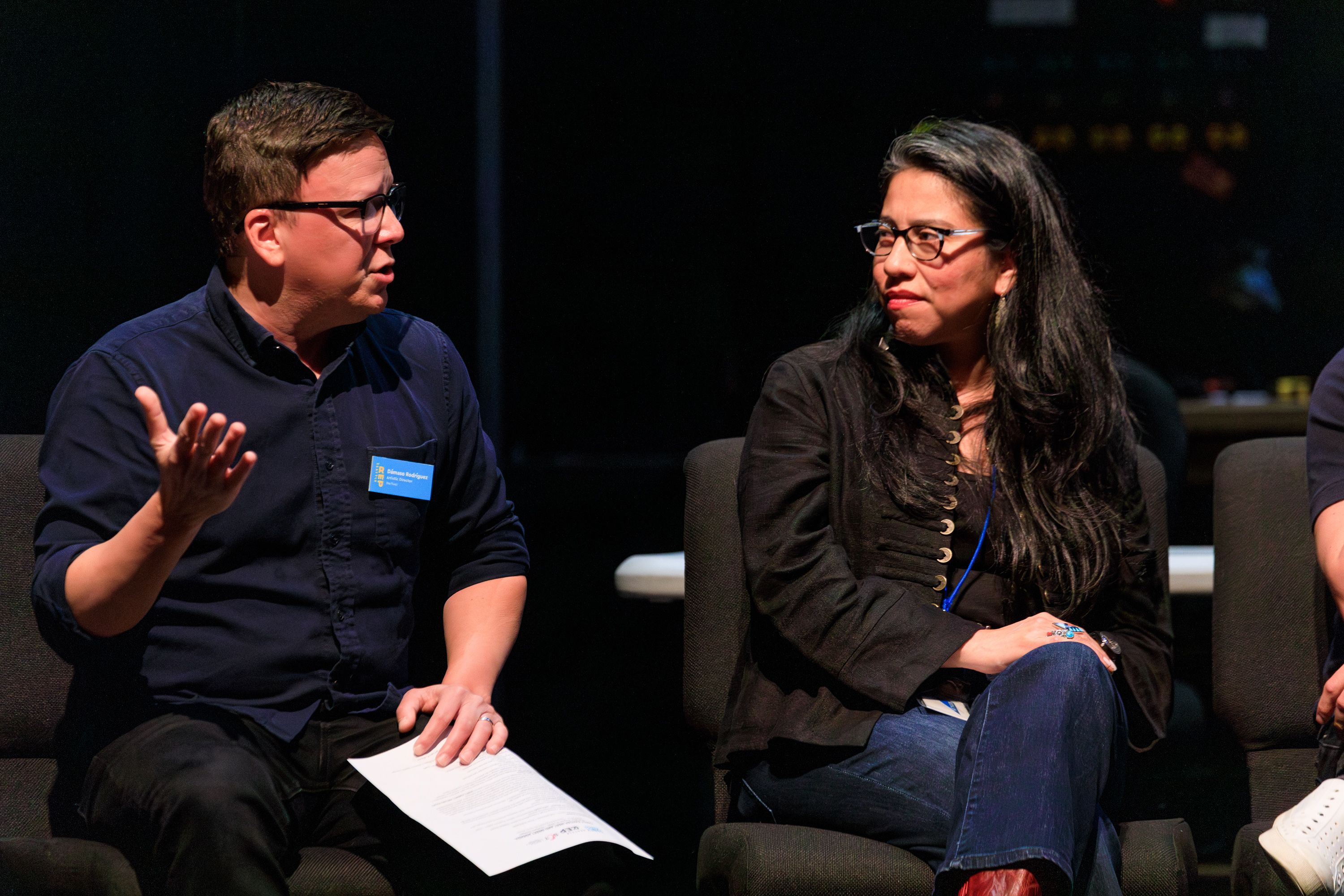 Seattle Rep Artistic Director Dámaso Rodríguez and SCT Artistic Director Johamy Morales at the Fancy Dancer Meet & Greet