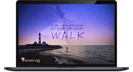 Seawalker Tech laptop showing person walking on water.