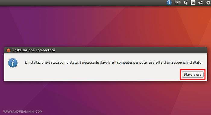 Riavvia Ubuntu alla fine della installazione