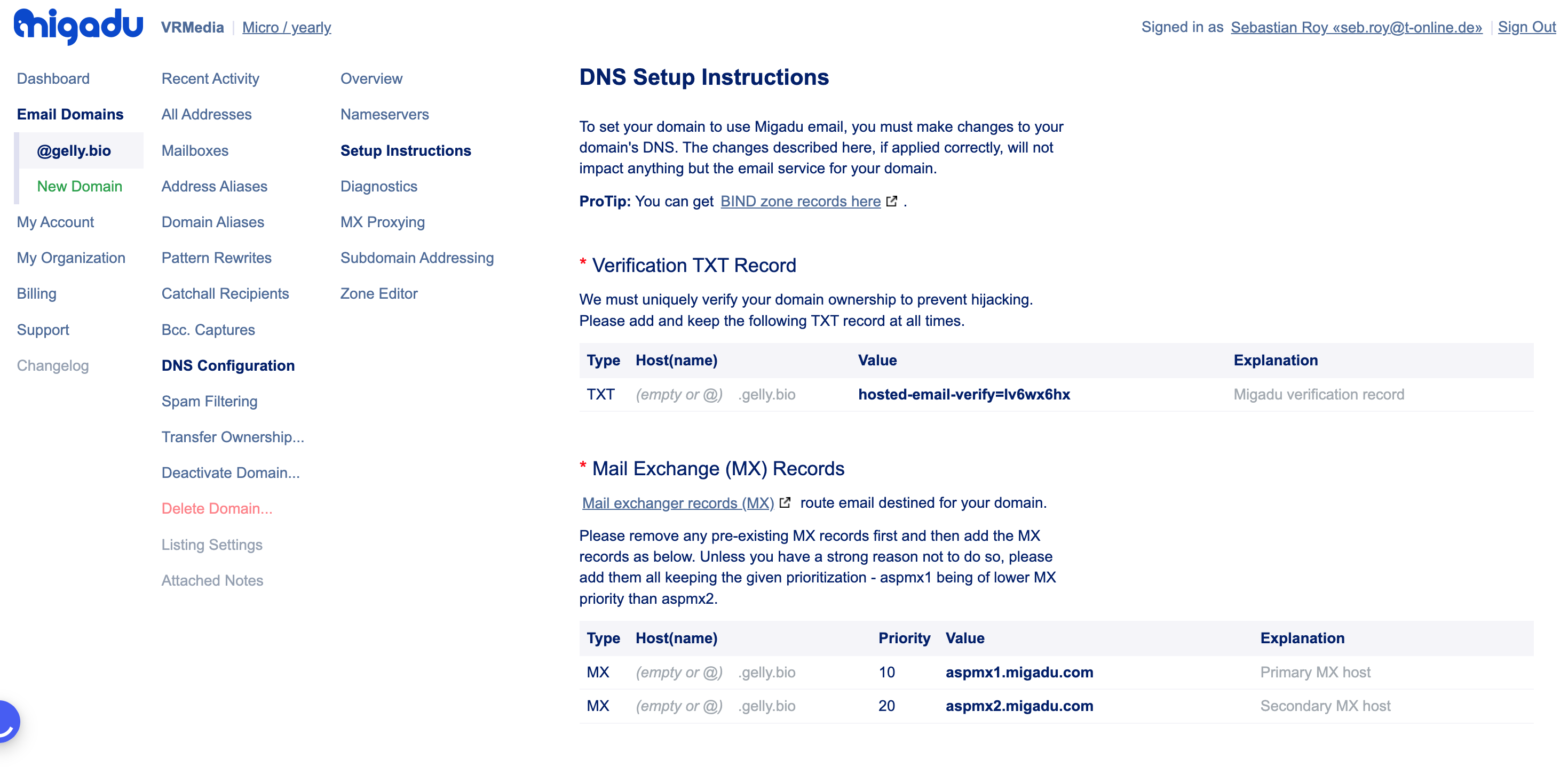 Migadu DNS email settings.