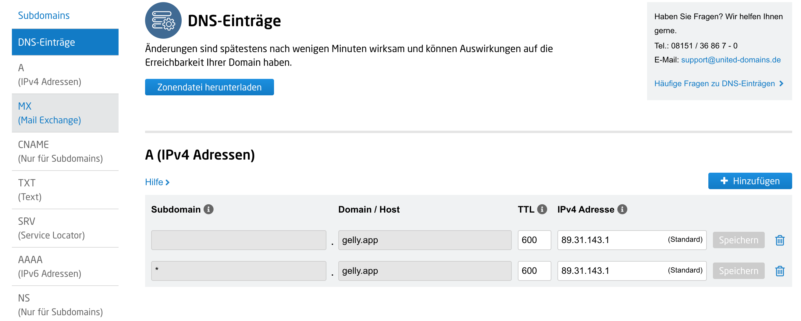 United Domains DNS Settings Page. This is where the entries from Migadu Setup Instruction need to be entered.