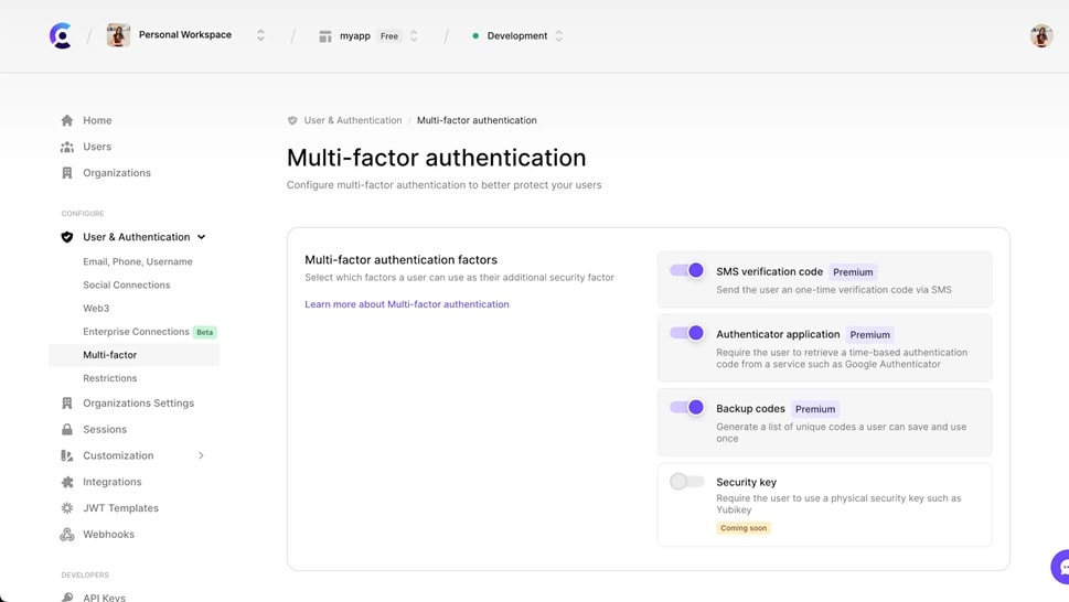 Clerk's MFA mandates users to verify their identity through multiple methods, enhancing security by requiring additional authentication steps.