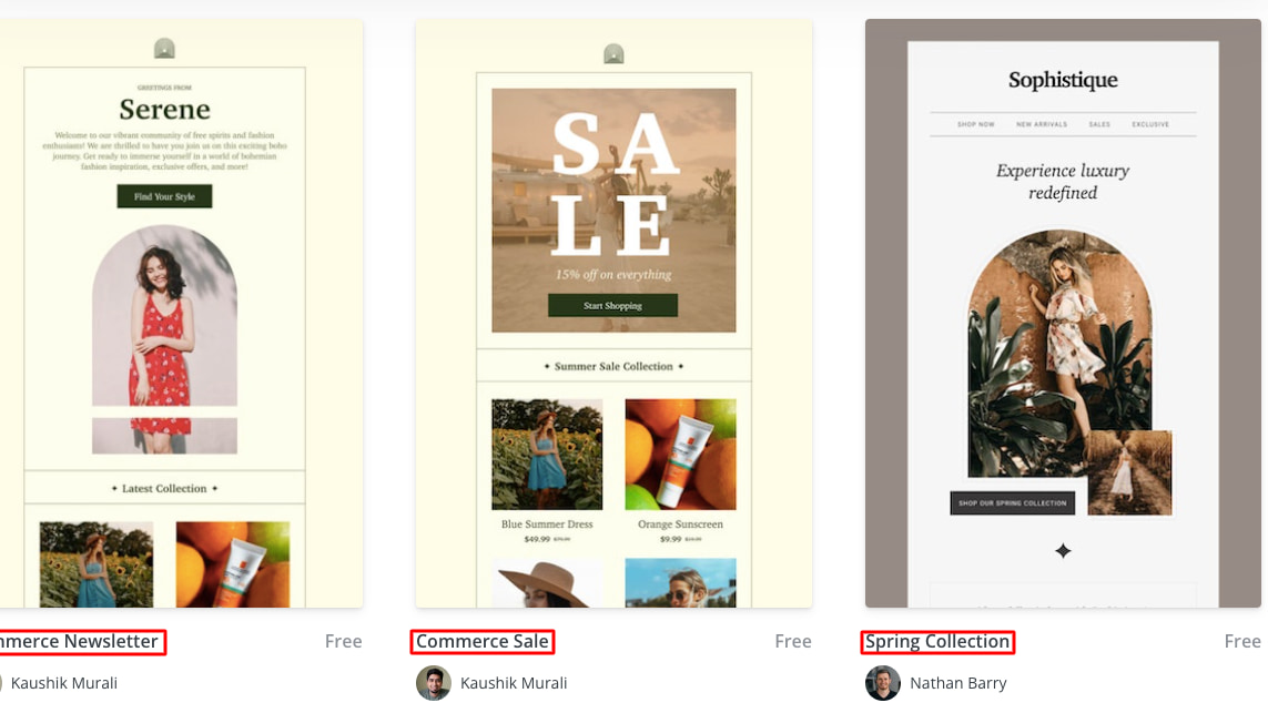 3 Community-Designed Email Templates on ConvertKit including for a Commerce Newsletter, Commerce Sale, and Spring Collection