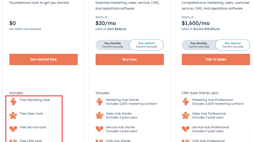 Hubspot’s Pricing Plans with its Free Marketing, Sales, Service, and CMS Tools Highlighted