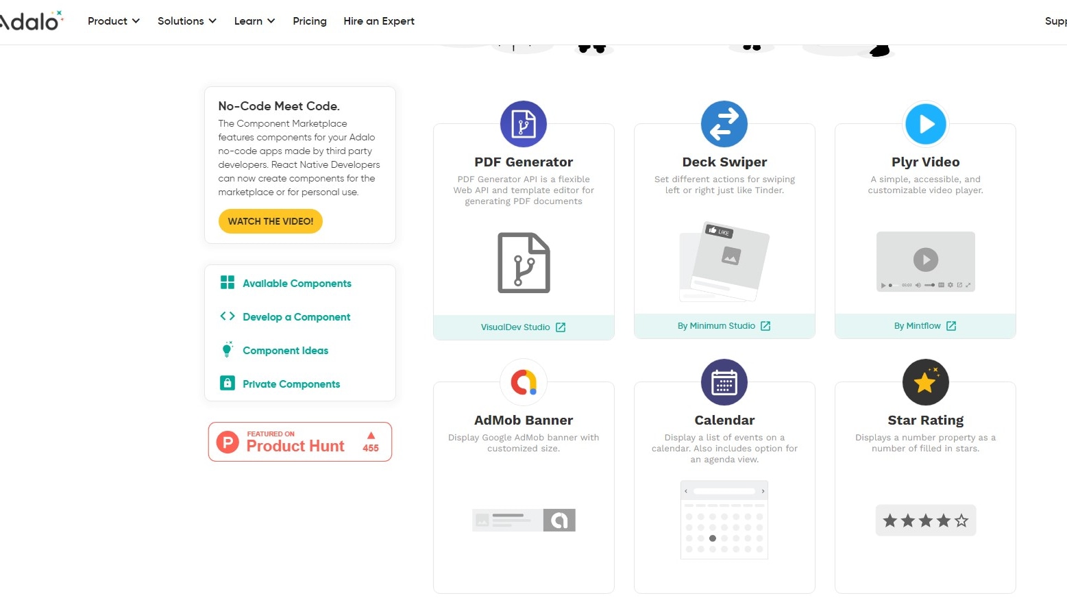 Examples of the Components Adalo has Available on its Marketplace