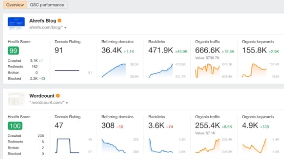 Ahrefs's Project Performance View with Selected SEO Metrics