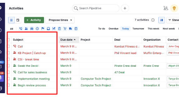 Pipedrive’s activities view, listing actions taken in relation to a sale