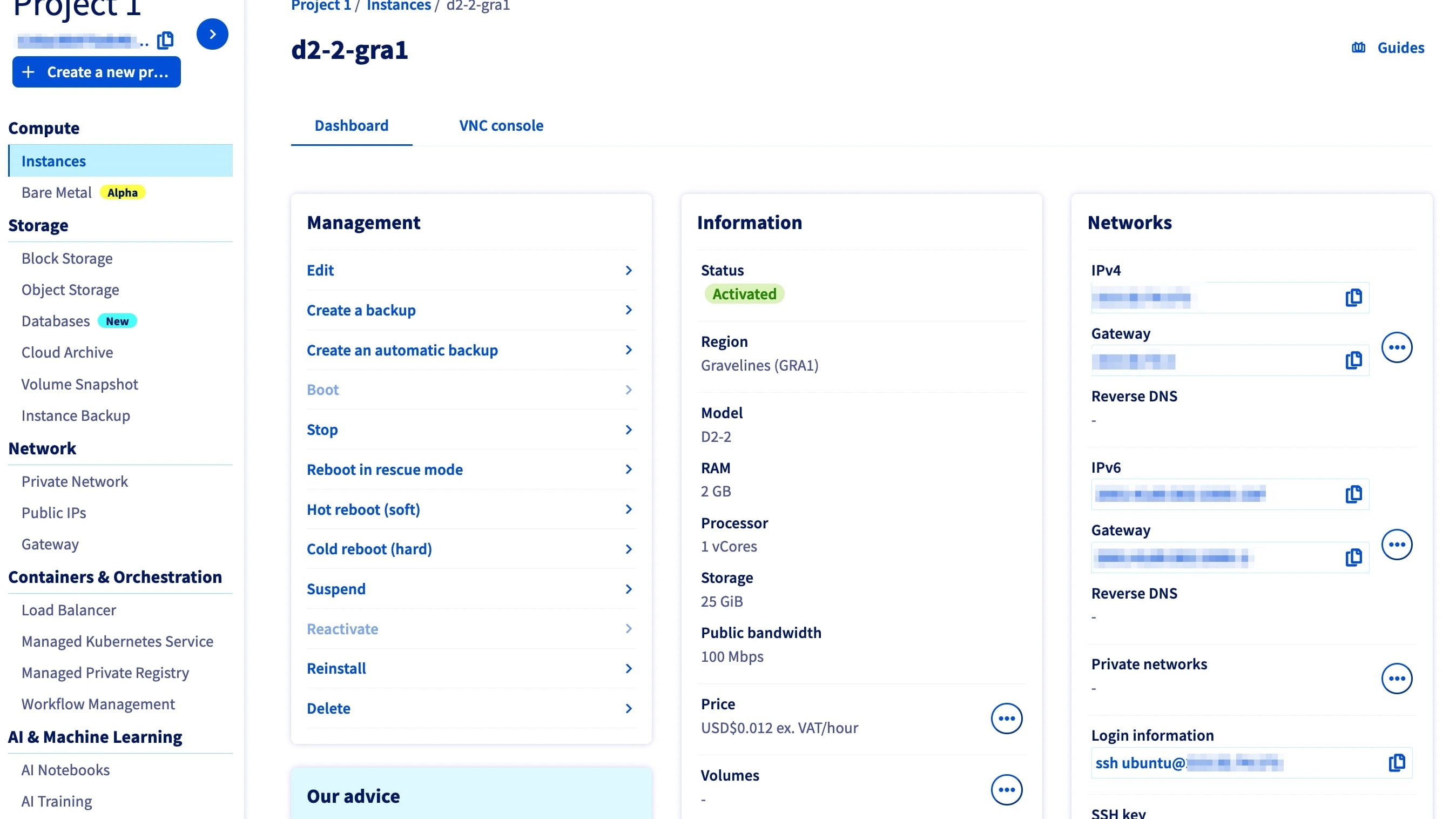 OVHcloud's Platform Showing Project Instances and Options to Manage Them Effectively