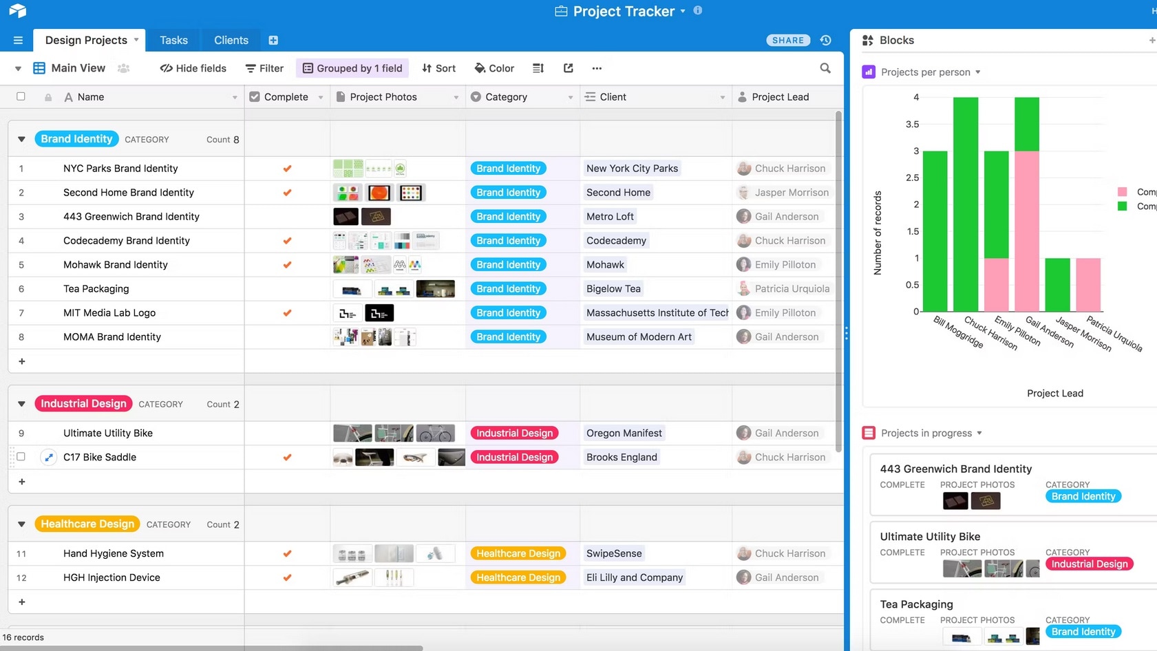  The vibrant, aesthetically pleasing grid view in Airtable facilitates effortless data organization and customization. 