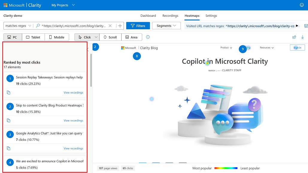 Clarity's click tracking feature stands out for its thoroughness