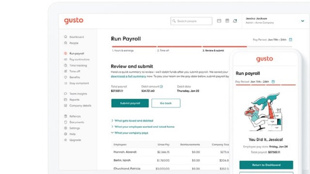 Gusto stands out in simplicity and accuracy when it comes to payroll processing.