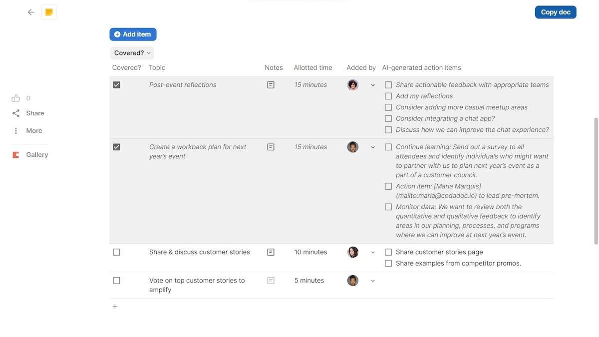 Coda's templates are primarily tailored for specific purposes like project management and meeting agendas. 