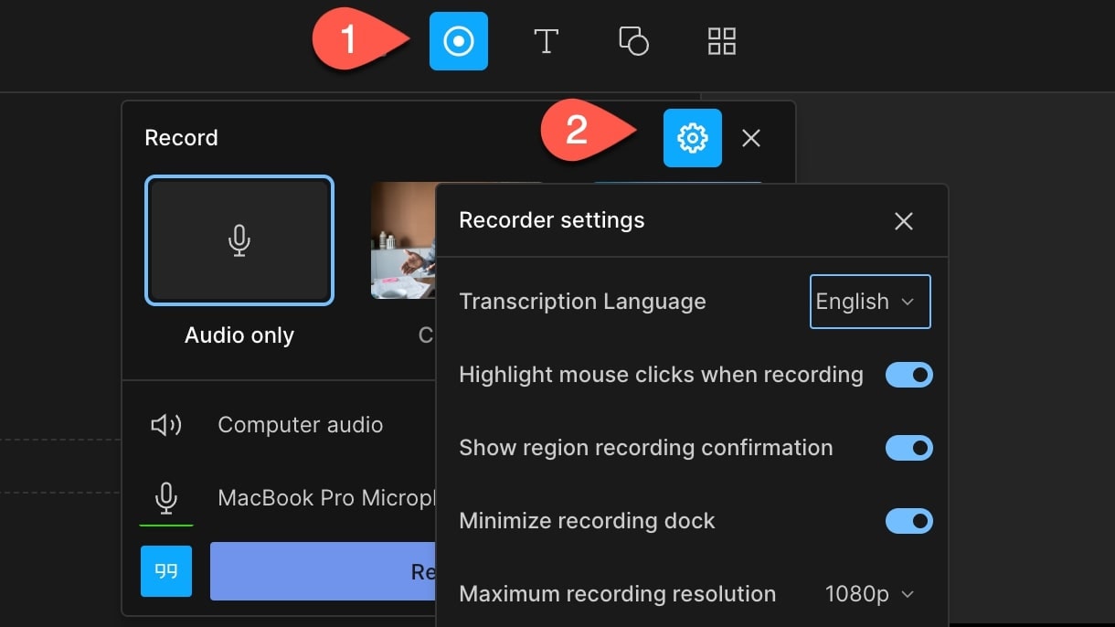 Recording settings for Descript