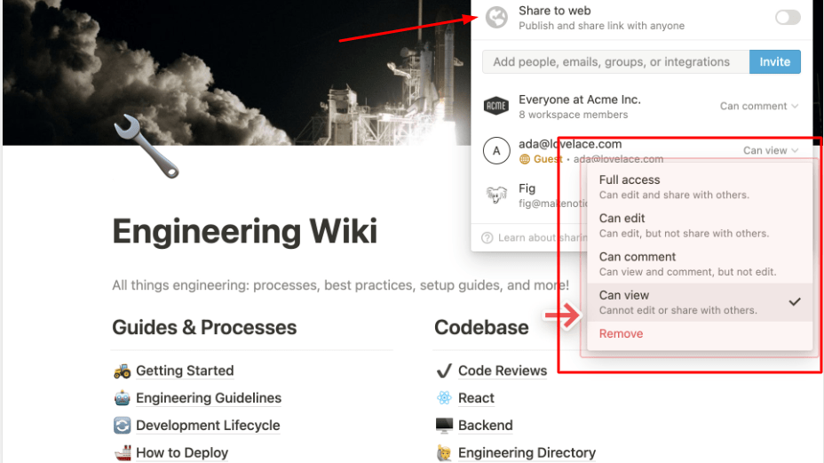 A Notion Workspace Showing How to Share Document Access