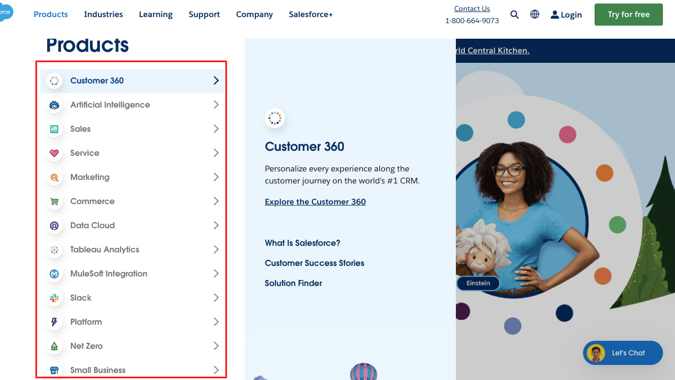 Salesforce’s Homepage with its Drop-Down Products Menu Open