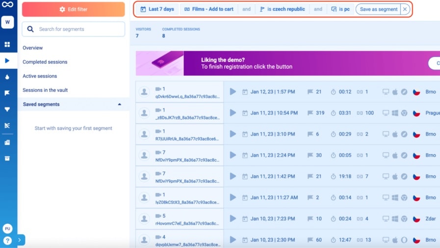 Smartlook's data segmentation feature empowers you to define custom segments based on user attributes or actions