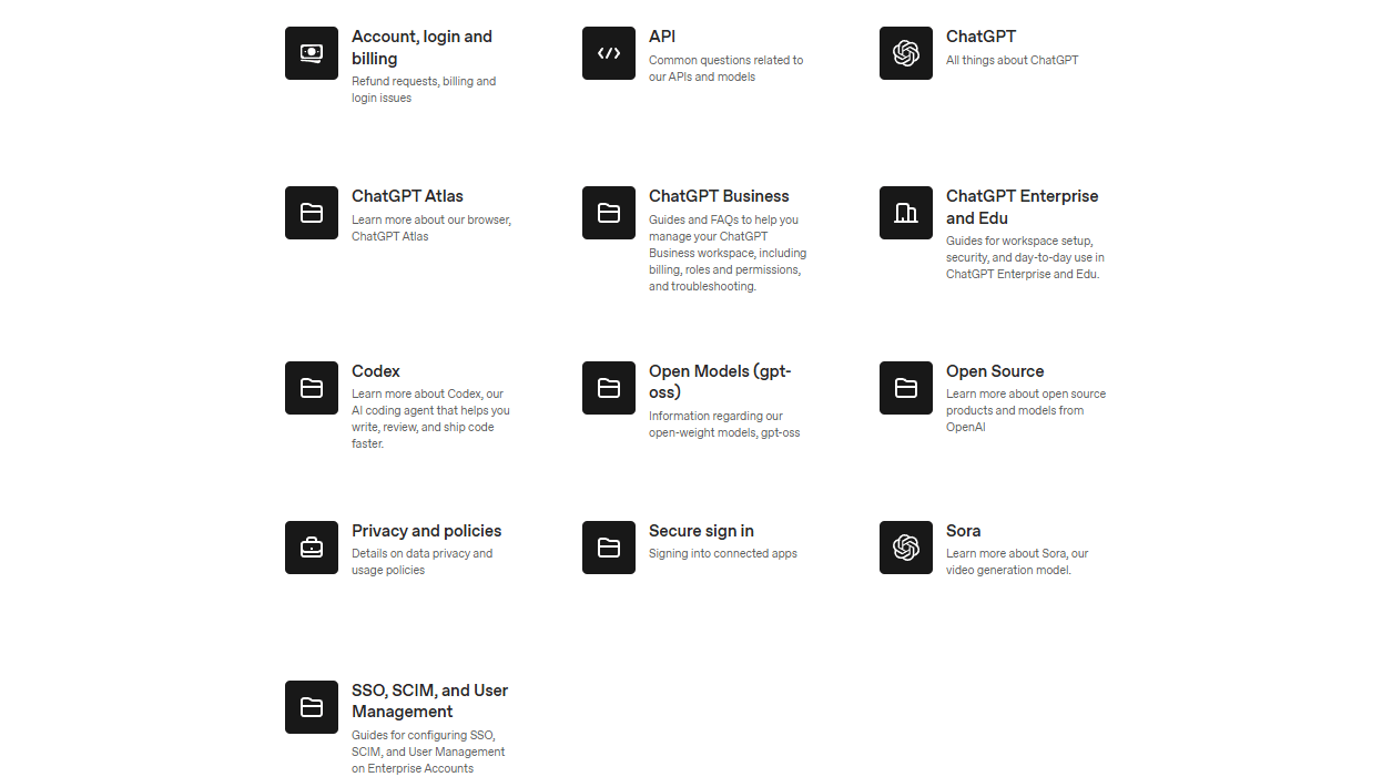 OpenAI's help center provides structured documentation and resources