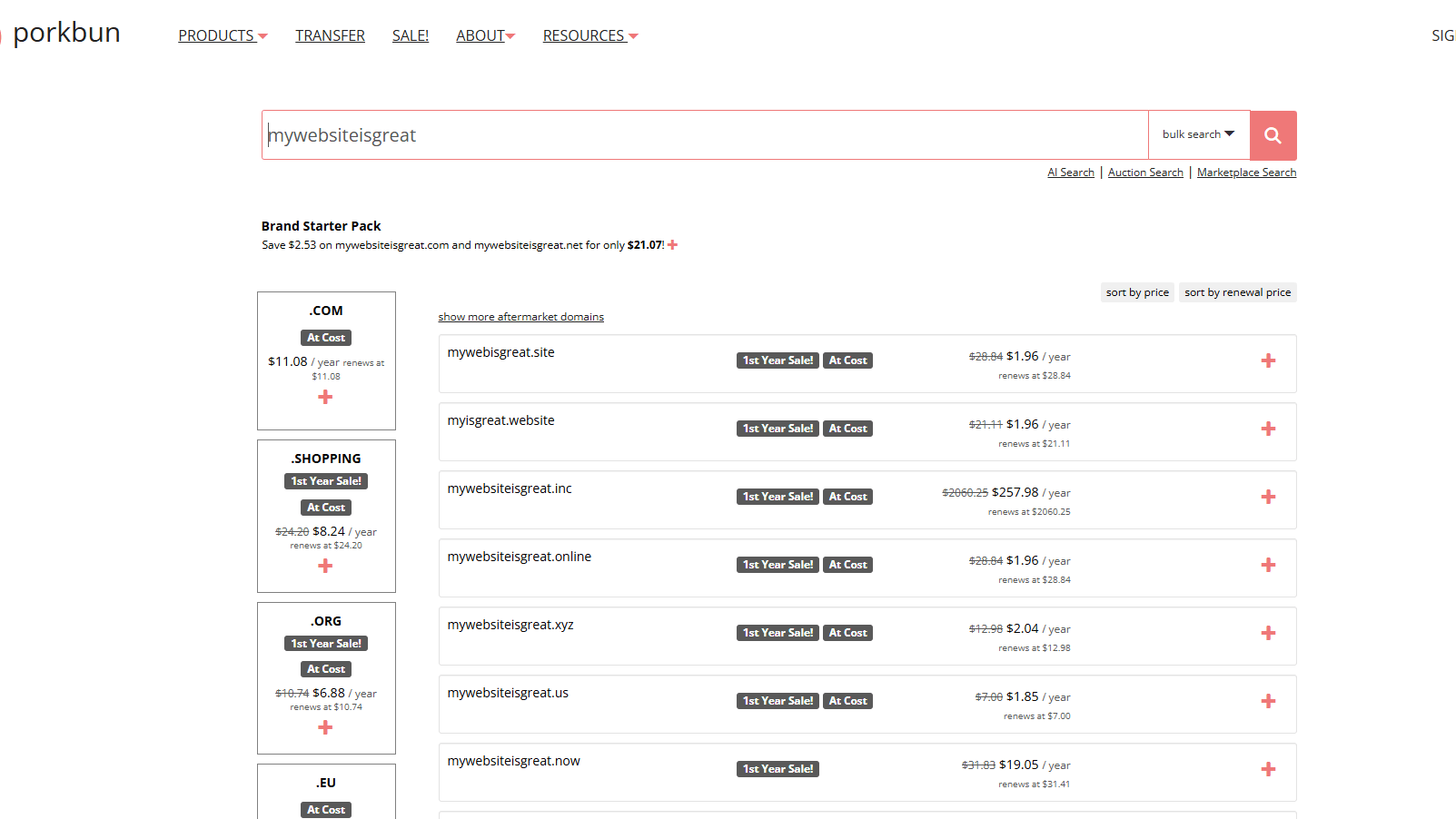 Porkbun's transparent pricing
