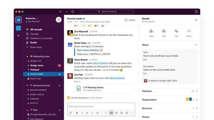 slack chat and channels interface