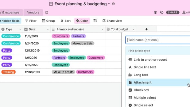 Airtable's Field Creation, Showing Attachments, Checkboxes, Multiple Select and Other Options