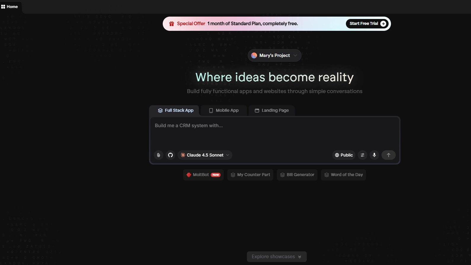 Emergent's AI workspace for building full-stack applications