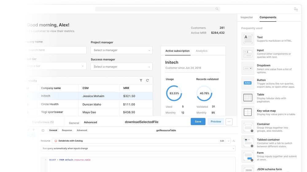 Retool seamlessly integrates with nearly all SQL and NoSQL databases and supports REST and GraphQL APIs, allowing for extensive customization and data control.