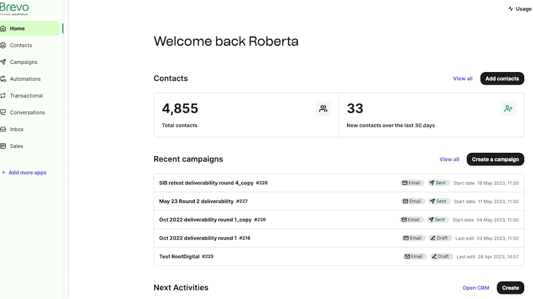brevo home dashboard view