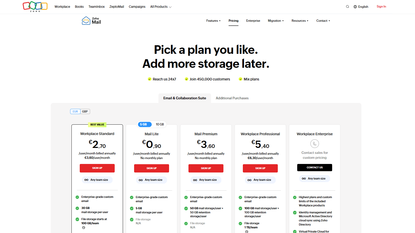 Transparent Zoho Mail pricing designed for email-first teams