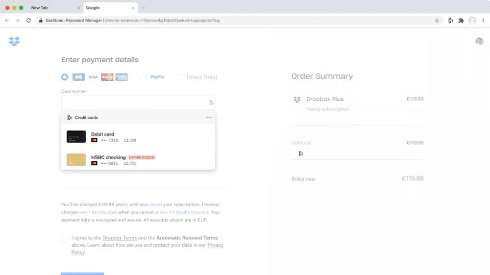 Dashlane's Digital Wallet allows users to store credit card details, billing addresses, and other payment information securely.