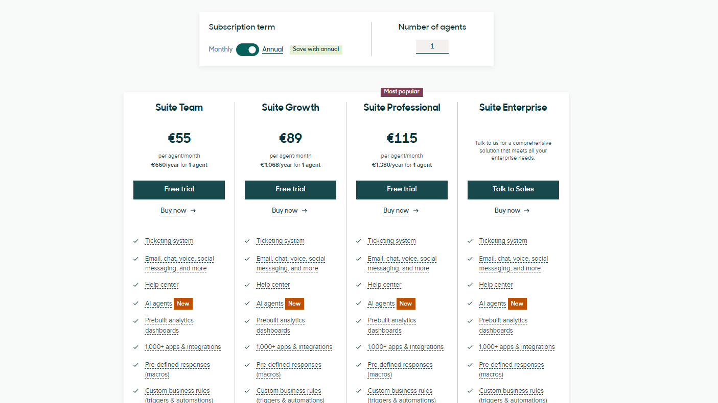 Zendesk's Pricing Structure Gives You Different Options with Different Features Based on the Number of Agents You Require