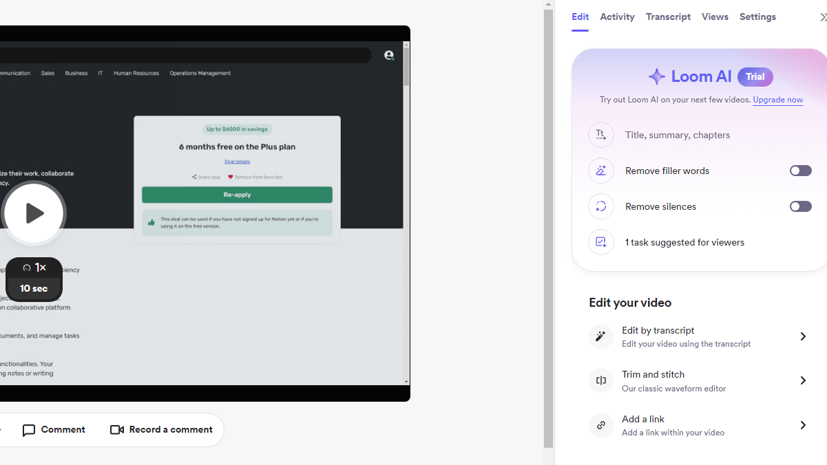 Loom's Video Editing Options, Including AI Transcripts, Trimming, and Stitching