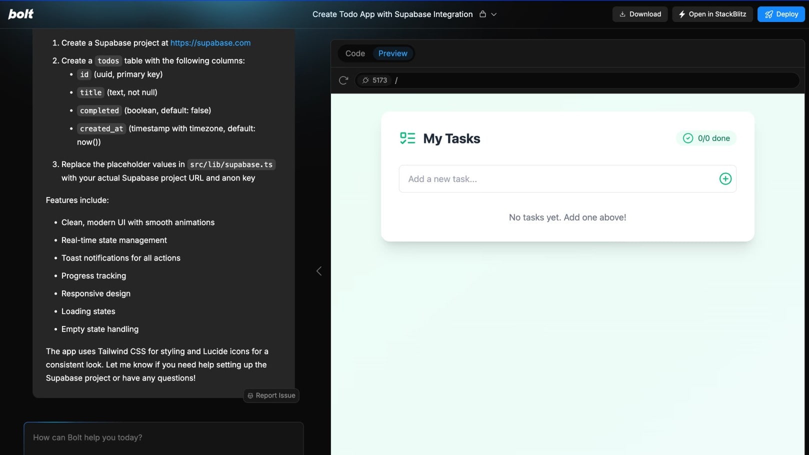 Bolt’s Step-by-Step Supabase Setup with Live Task App Preview