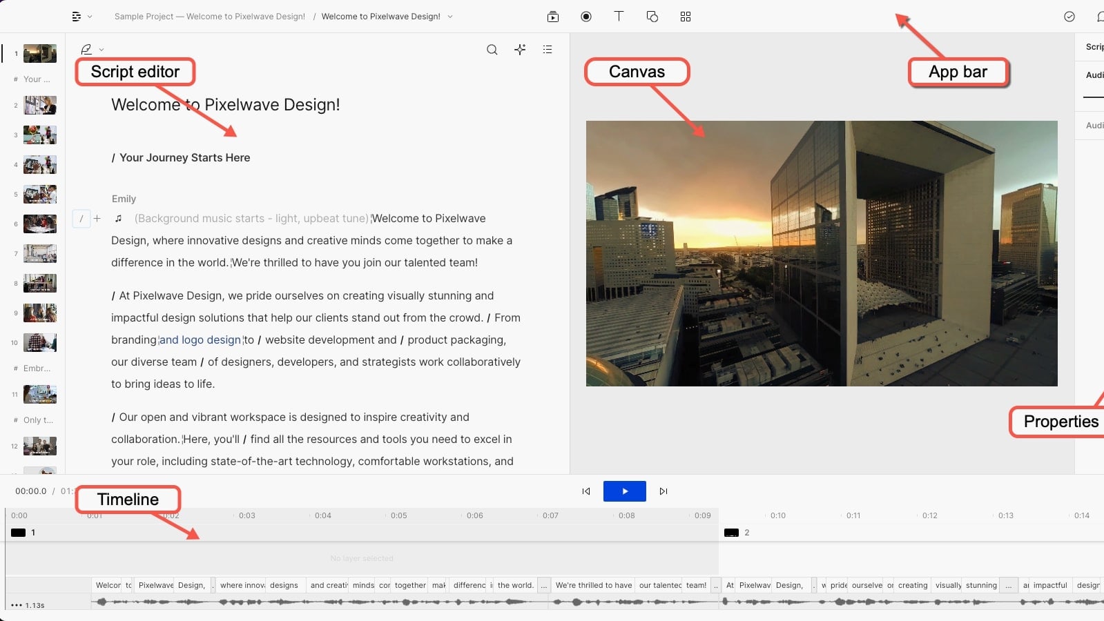 Descript's User-Friendly Interface with Different Aspects Highlighted