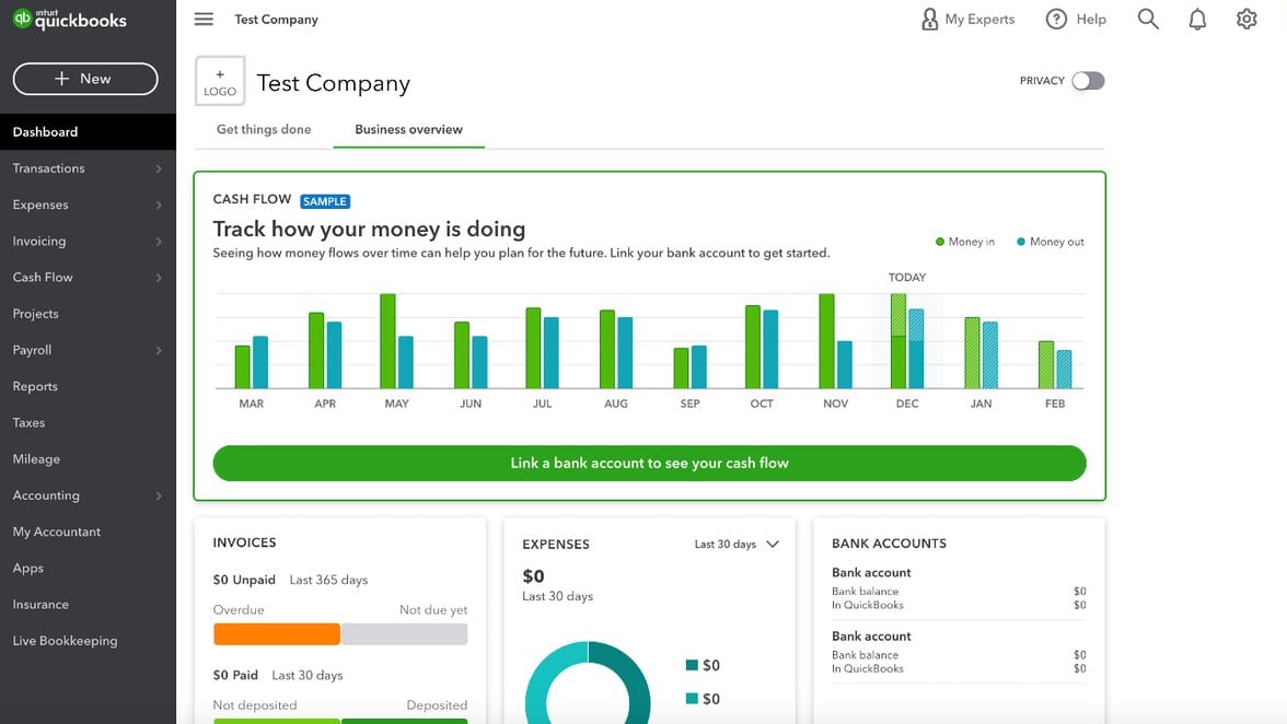 QuickBooks Online’s dashboard with advanced reporting and operational control