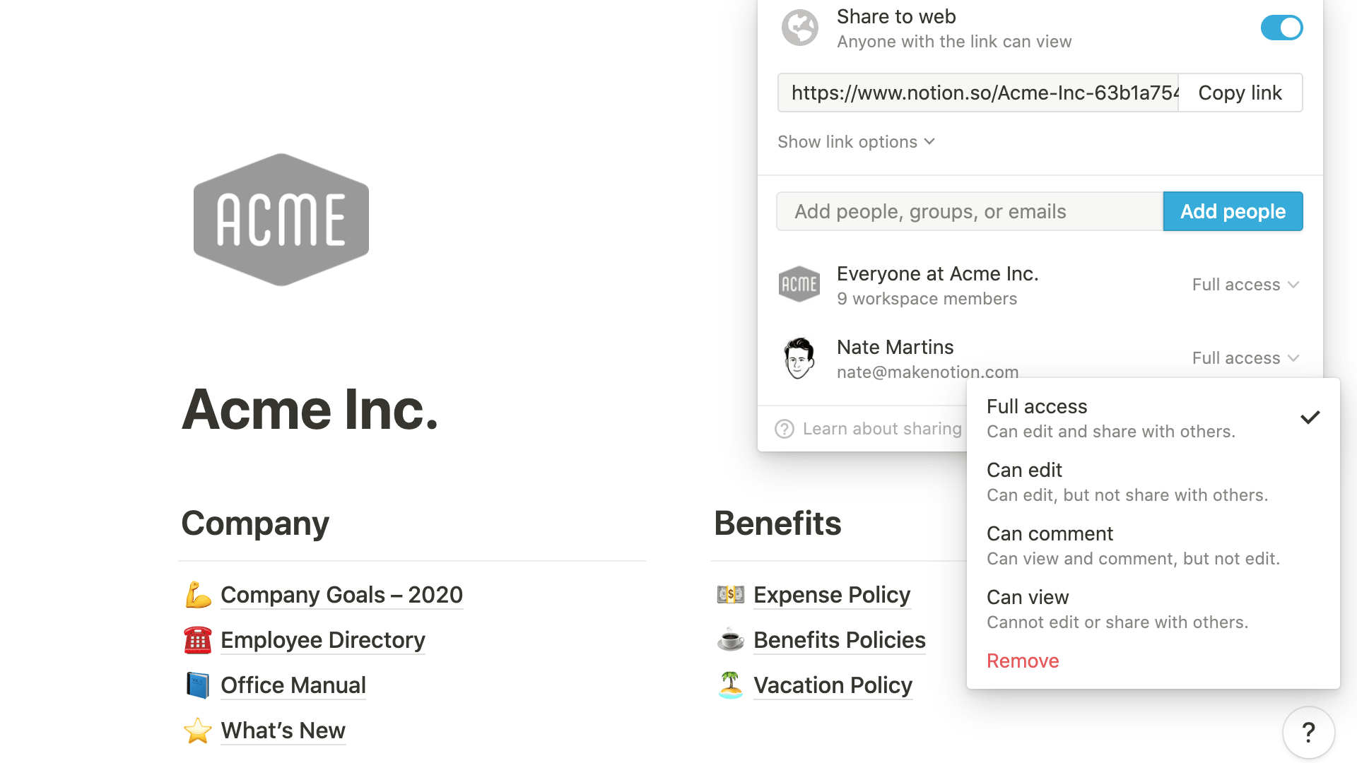 Notion allows granular page- and databse-level permissions across teams