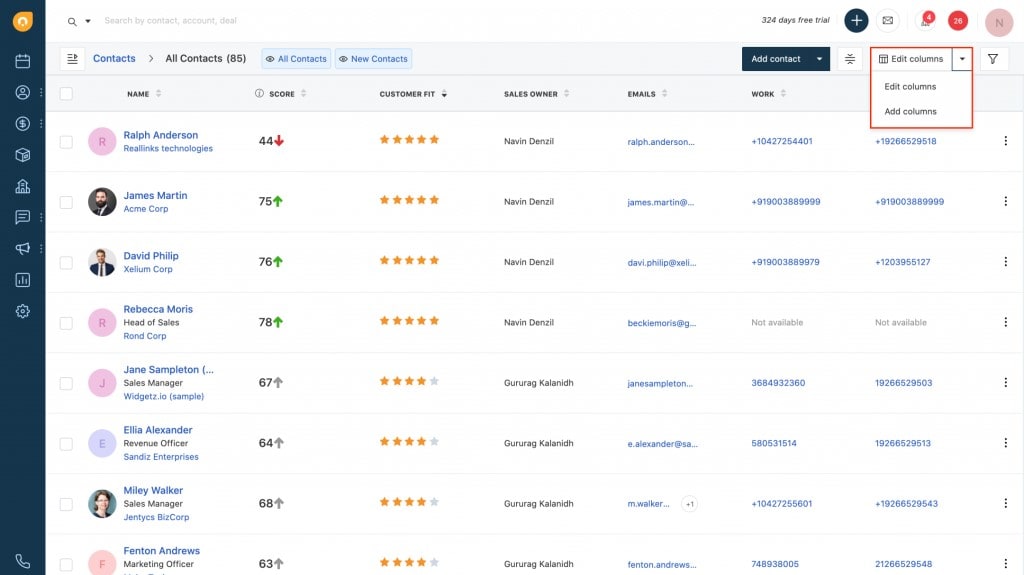 Freshworks CRM's Contact List View, Showing How to Edit Columns for Customzied Views