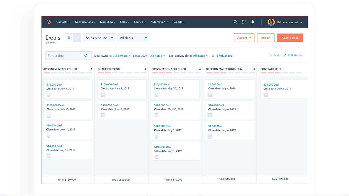 hubspot deal and tasks stages pipeline view