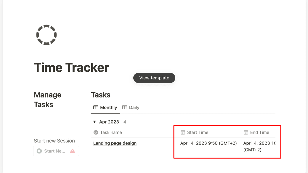 Notion’s time tracker template with the start and end time of a task highlighted
