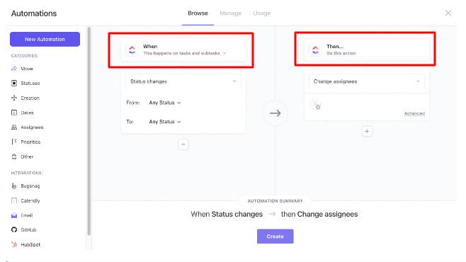 ClickUp’s automation feature showing a trigger event and related automatic action