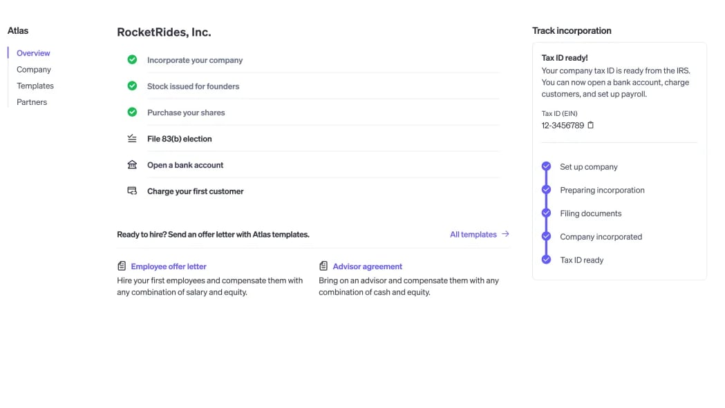 Stripe Atlas Incorporation Overview Dashboard