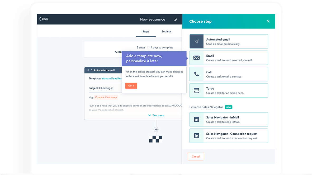 HubSpot's Automated Sequence Workflow Editor