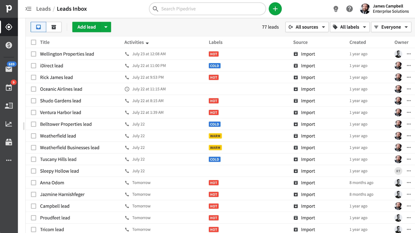 Pipedrive's Lead View With Prospect and Activities Status