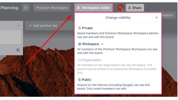 Example Trello Board for Project Planning with the Visibility Settings Menu Open